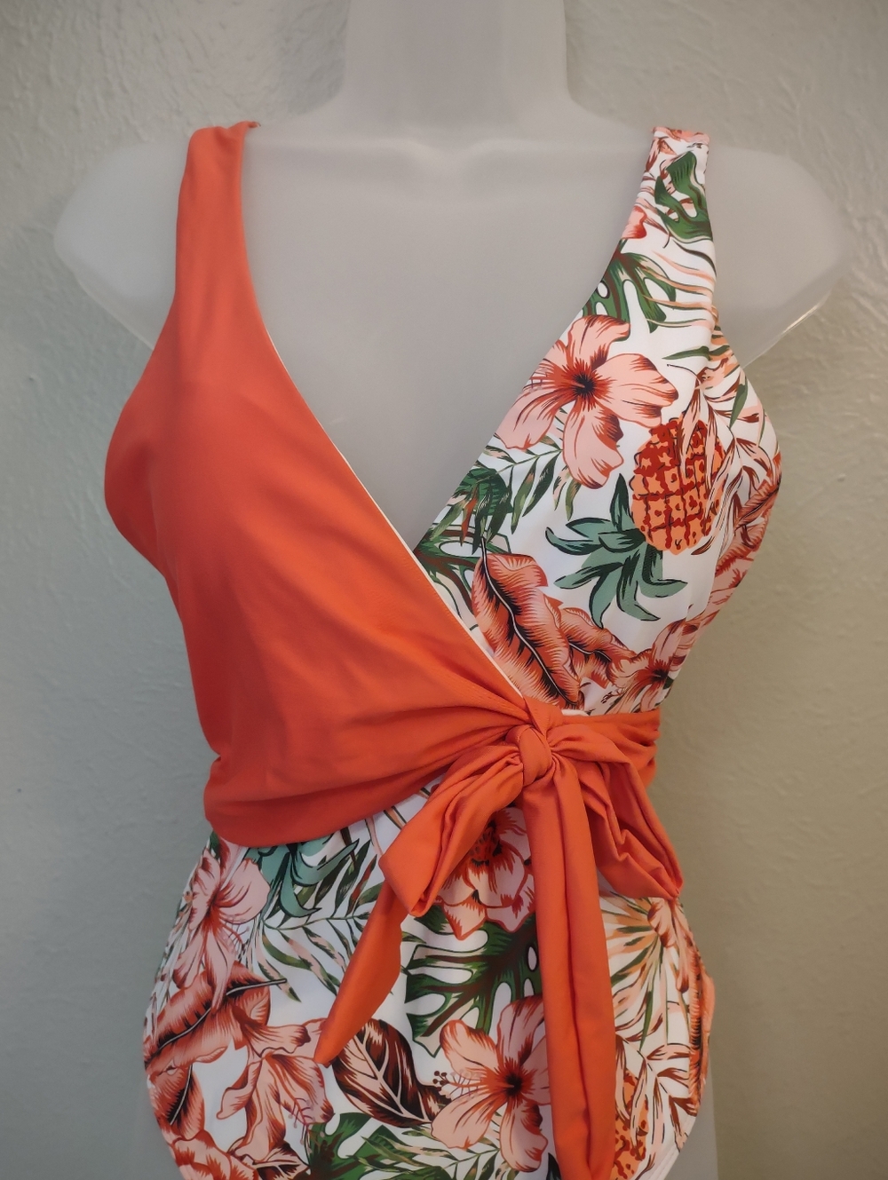 Floral Tropical One-Piece Wrap Front Swimsuit – Orange & Pineapple Print Large - Picture 5 of 10